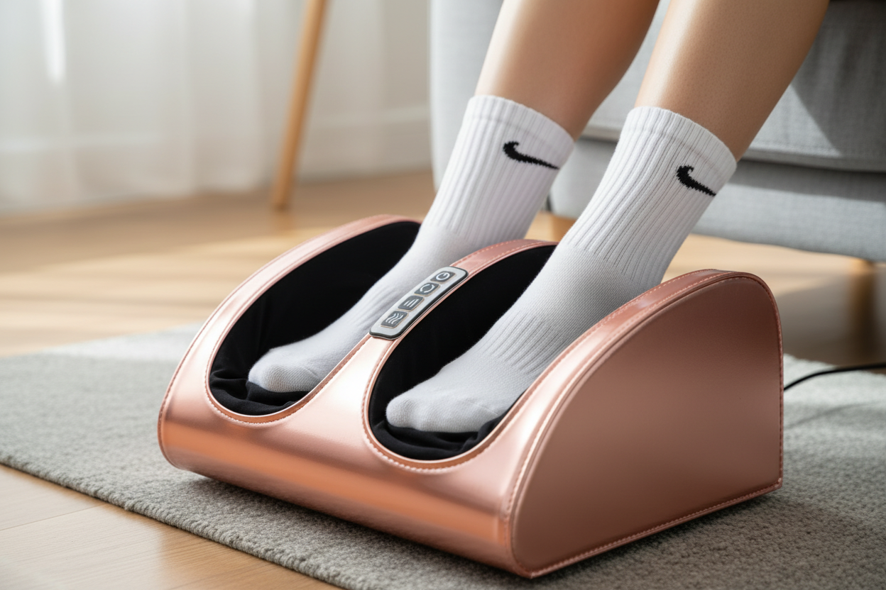 Person using rose gold foot massager with Nike socks